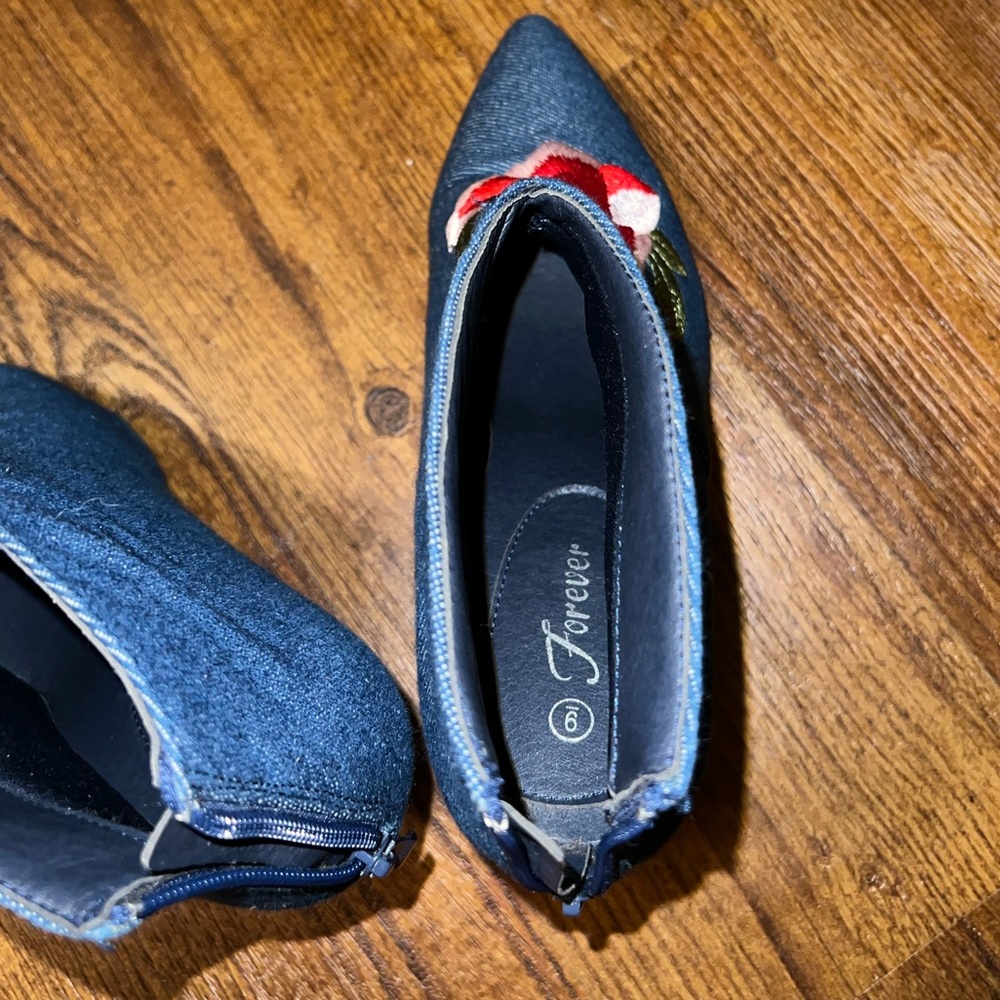 Blue Denim Floral Rose Embroidered Stiletto Heel Y2K Fashion Ankle Boots Size 9 - Picture 10 of 12